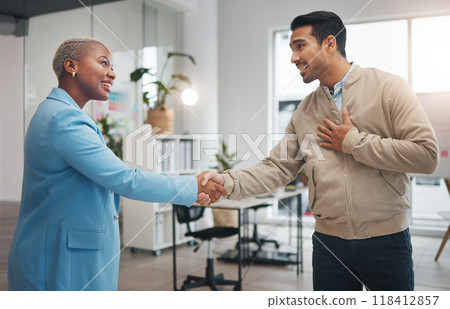 Business people, handshake and partnership in collaboration for trust, unity or teamwork at the office. Businessman and woman shaking hands in meeting, b2b or agreement for greeting, welcome or deal 118412857