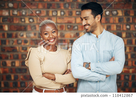 Young, professional team and partnership, teamwork with smile and arms crossed on wall background. Happy working together, creative pair and diversity, black woman and man, collaboration and trust Young, professional team and partnership, teamwork with smile and arms crossed on wall background. Happy working together, creative pair and diversity, black woman and man, collaboration and trust 118412867