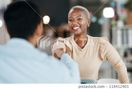 Shaking hands, professional team and smile, partnership and collaboration, agreement or deal with success. Diversity, handshake and people happy working together in meeting with teamwork and trust 118412901
