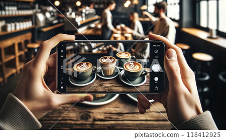 A cascade of sunlight floods the cafe, where a person uses their smartphone to photograph a wooden tray with three elegant lattes, the background a soft blur of cafe patrons. 118412925