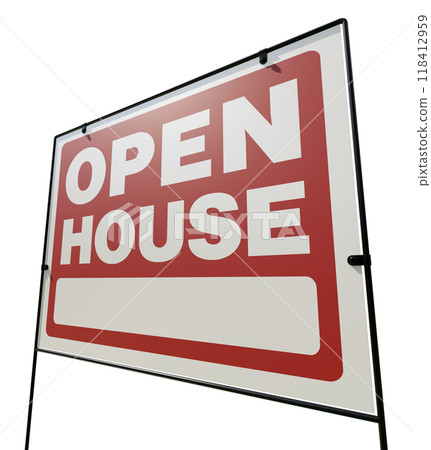 Left Facing Open House Real Estate Yard Sign Isolated on a White Background. Left Facing Open House Real Estate Yard Sign Isolated on a White Background. 118412959