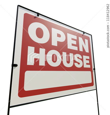 Right Facing Open House Real Estate Yard Sign Isolated on a White Background. Right Facing Open House Real Estate Yard Sign Isolated on a White Background. 118412962