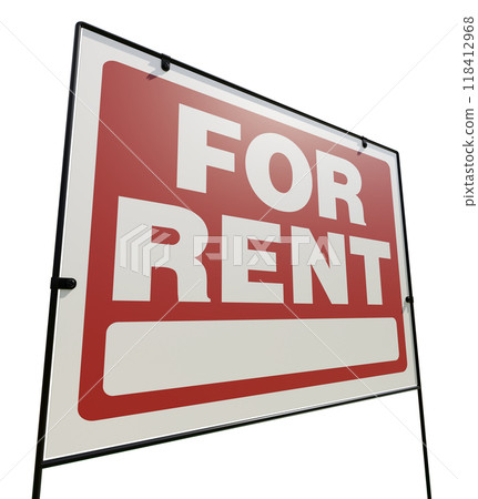 Right Facing For Rent Real Estate Yard Sign Isolated on a White Background. Right Facing For Rent Real Estate Yard Sign Isolated on a White Background. 118412968