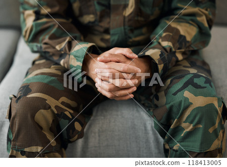 Hands, military veteran and therapy in office with couch consultation or listening to psychologist for healing mental health. Stress, anxiety and soldier in therapy with trauma, problem or depression 118413005