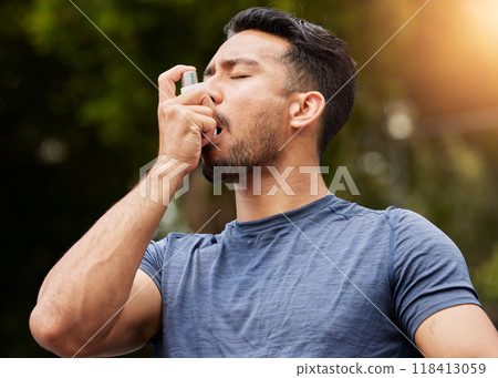 Man, breathe or asthma pump outdoor in park for help with health risk, cough treatment and air for exercise. Asian male runner, spray and medicine inhaler in nature for lungs, oxygen and wellness 118413059