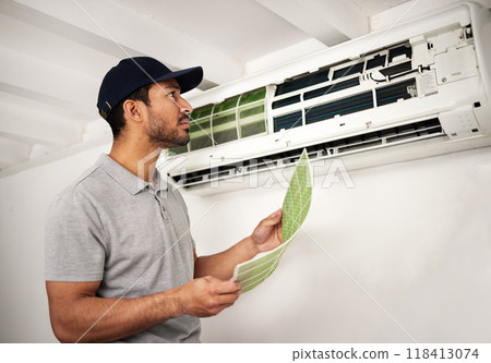 Handyman service, air conditioner technician and man, working on ventilation filter and ac repair. Contractor, maintenance or electric aircon machine expert problem solving or cleaning dust in office 118413074