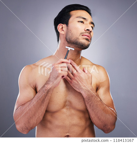 Beard hair, razor or studio man with beauty routine, self care treatment, morning grooming and cosmetic skincare. Facial cleaning, spa salon wellness or person with shaving product on grey background Beard hair, razor or studio man with beauty routine, self care treatment, morning grooming and cosmetic skincare. Facial cleaning, spa salon wellness or person with shaving product on grey background 118413167