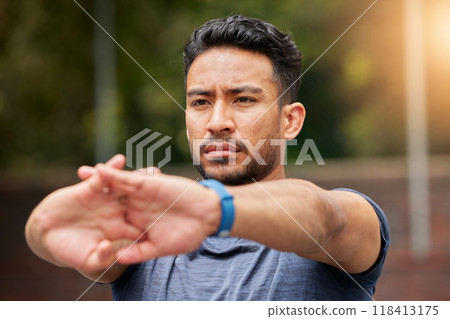 Serious, fitness or man stretching arms in exercise, training or healthy sports outdoor. Face of strong asian athlete focus to warm up in workout, performance or thinking of mobility, energy or power 118413175