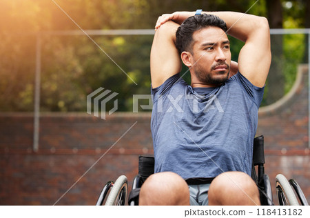 Fitness, stretching and wheelchair user with man on basketball court for training, challenge and competition. Sports, health and warm up with person with a disability for workout, game and start 118413182