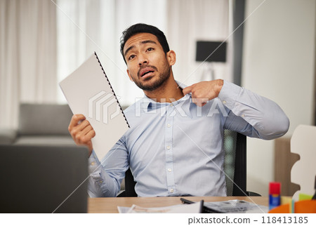 Hot, heat and businessman with stress due to debt and shocked fan with paperwork and is sweaty in home office. Remote work, tired and frustrated employee with burnout or anxiety feeling overworked 118413185