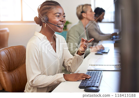 Call center, speaking and business woman in office, agency or ecommerce, talking or client account update. Agent, virtual consultant or african person on computer advice, support or customer solution 118413188