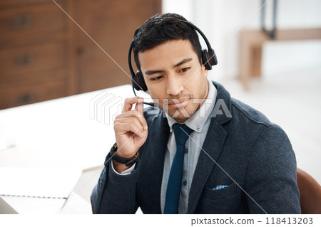 Call center, listening and consulting with business man in office for contact us, communication and customer service. Networking, online and advice with employee for help desk and technical support Call center, listening and consulting with business man in office for contact us, communication and customer service. Networking, online and advice with employee for help desk and technical support 118413203