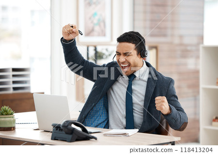 Excited businessman, fist and telemarketing success with celebration and work promotion email. Male worker, win and good news on laptop in office with motivation at call center job with cheering Excited businessman, fist and telemarketing success with celebration and work promotion email. Male worker, win and good news on laptop in office with motivation at call center job with cheering 118413204