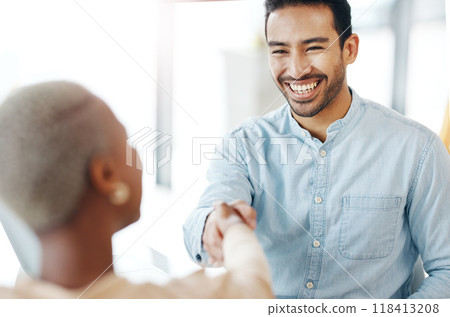 Handshake, professional team and smile, partnership and collaboration, agreement or deal with success. Diversity, shaking hands and people happy working together in meeting with teamwork and trust 118413208