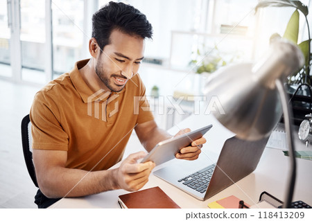 Tablet, business research and happy man reading UX design, app development or information. SEO monitoring, web designer statistics and professional person review webdesign for online website layout 118413209