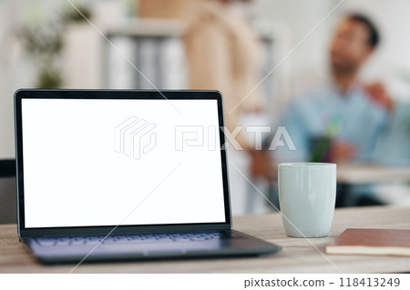 Business, office laptop and mockup screen for marketing copy space, advertising website or brand product placement. Web design branding, SEO mock up and technology for online social network graphic 118413249