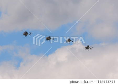 JGSDF OH-6D observation helicopter formation flight above the clouds 118413251