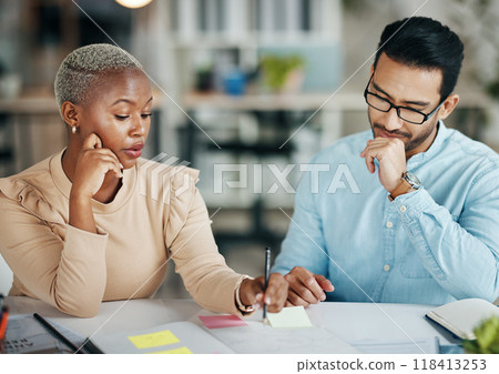 Team, interracial and planning, brainstorming and meeting, market research and communication, strategy and diversity. Collaboration at digital marketing agency, people talk at desk with sticky note 118413253