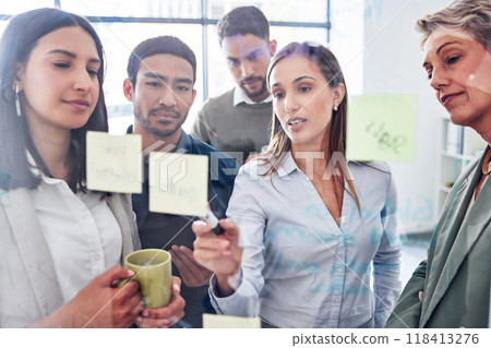 Collaboration, writing and business people on glass board for planning, brainstorming and project schedule. Presentation, teamwork and women, men or group with sticky note ideas, solution and window Collaboration, writing and business people on glass board for planning, brainstorming and project schedule. Presentation, teamwork and women, men or group with sticky note ideas, solution and window 118413276