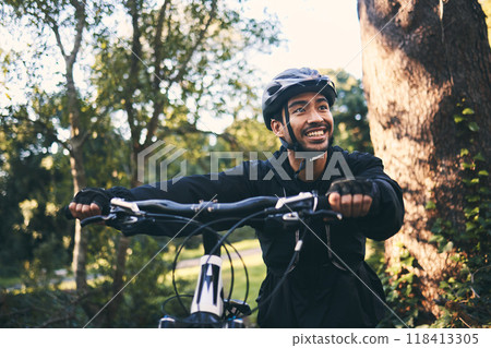 Fitness, bike and Asian man outdoor, exercise and training with workout, practice and wellness. Male biker, person and guy in nature, outside and cycling for workout, sports and motivation for energy 118413305