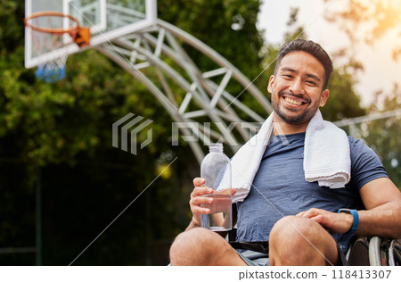 Basketball player, portrait and water for man in wheelchair on sports break, rest and drinking fitness electrolytes on court. Person with a disability, Asian athlete and bottle for exercise recovery 118413307