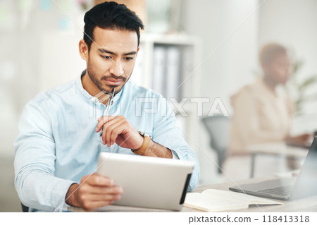 Reading, tablet and business man in office with research, information or internet browsing. Thinking, technology idea and male professional with touch screen for web scrolling, networking or email. Reading, tablet and business man in office with research, information or internet browsing. Thinking, technology idea and male professional with touch screen for web scrolling, networking or email. 118413318