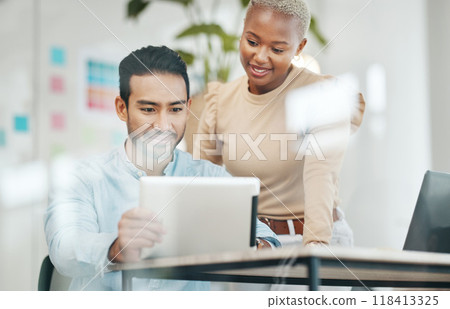 Creative business people, tablet and planning in digital marketing for design or tasks at office. Happy asian man and black woman smiling with touchscreen working on project plan or startup strategy 118413325