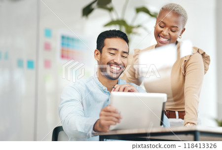 Creative business people, tablet and smile for planning, design or digital marketing at the office desk. Happy asian man and black woman smiling with touchscreen for project plan or startup strategy 118413326