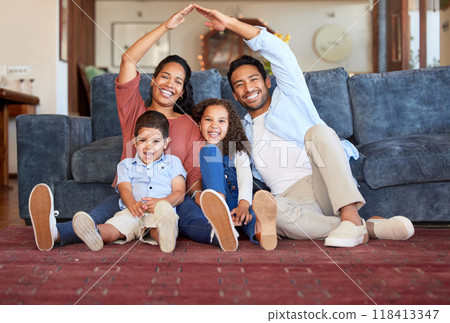 Insurance, house and portrait of family in living room for protection, policy and real estate. Roof, property and security with parents and children at home for support, investment and future Insurance, house and portrait of family in living room for protection, policy and real estate. Roof, property and security with parents and children at home for support, investment and future 118413347