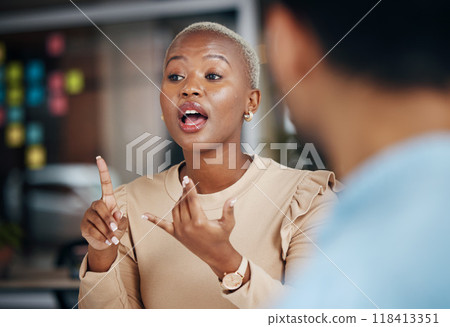 Black woman, explain and talking team, office friends or business people consulting on proposal. Conversation, collaboration and networking employees speaking, chat and discussion on strategy Black woman, explain and talking team, office friends or business people consulting on proposal. Conversation, collaboration and networking employees speaking, chat and discussion on strategy 118413351