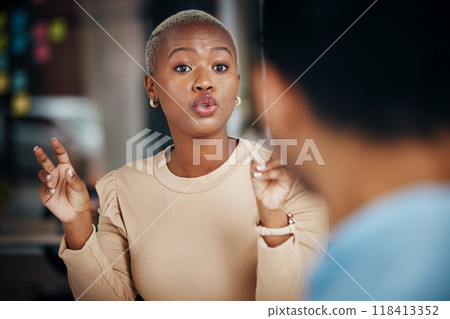 Black woman, communication and talking business people, office friends or partnership team consulting on project. Conversation, collaboration and employees speaking, chat and discussion on strategy 118413352