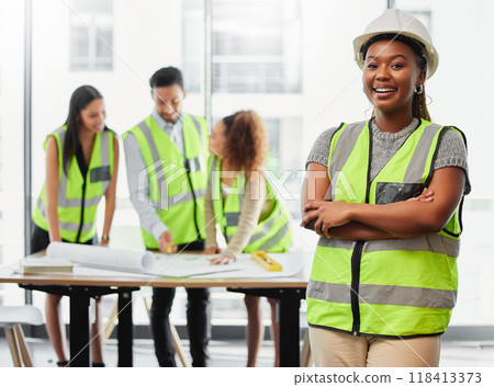 Architecture, woman portrait and arms crossed in office planning, team leadership or project management. Engineering, floor plan and happy african person, contractor or leader in building development 118413373
