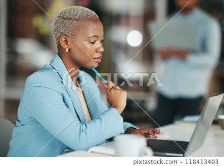 Business thinking, laptop focus and black woman, creative agent or person contemplating brand advertising plan. Project, problem solving and girl reading company report idea for social media strategy 118413403