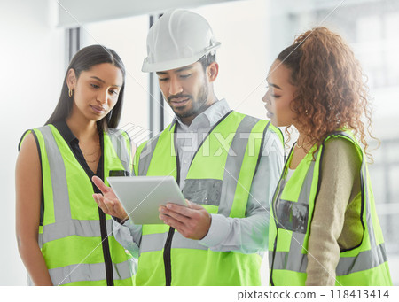Engineering, tablet and people planning, teamwork and building development or project management. Architecture design, digital blueprint and women, leader or contractor group for paperless floor plan 118413414