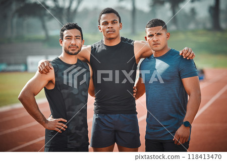 Portrait, team and athlete men on race track with teamwork outdoor for running, sports or workout. Stadium, fitness group and serious people, friends and face of runners, support and collaboration. Portrait, team and athlete men on race track with teamwork outdoor for running, sports or workout. Stadium, fitness group and serious people, friends and face of runners, support and collaboration. 118413470