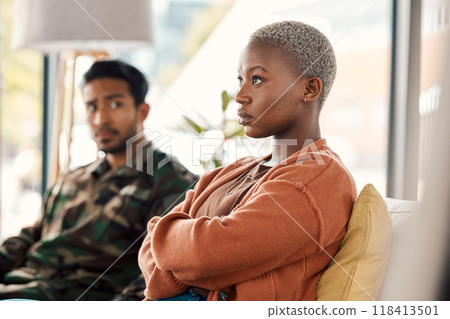 Fight, conflict and couple on sofa in therapy for argument, marriage problem and divorce counseling. Psychology, mental health and upset woman with military or veteran man for ptsd, help and support 118413501