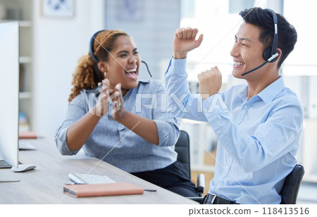 Success, winner and call center with business people in office for achievement, bonus and deal. News, wow and celebration with asian man and woman for customer service, target and telemarketing sales Success, winner and call center with business people in office for achievement, bonus and deal. News, wow and celebration with asian man and woman for customer service, target and telemarketing sales 118413516