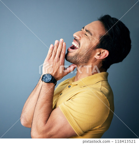 Praying, shouting and begging with a man in studio on a gray background desperate for help or assistance. Mental health, screaming and asking with an angry male suffering from grief, pain or loss Praying, shouting and begging with a man in studio on a gray background desperate for help or assistance. Mental health, screaming and asking with an angry male suffering from grief, pain or loss 118413521