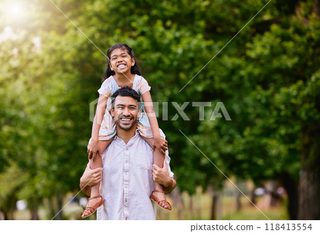 Piggyback, portrait and father with child in a park happy, playing and having fun together. Shoulder, games and face of girl with parent in forest, relax and smile in nature with love on the weekend 118413554