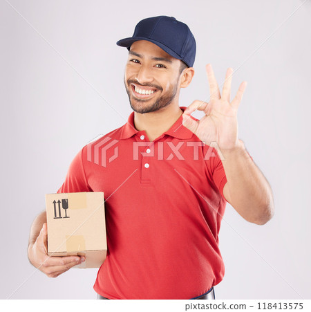 Courier man, ok sign and studio portrait with box, delivery, opinion or good service by white background. Supply chain manager, happy or review with like icon, emoji and hand with cardboard package Courier man, ok sign and studio portrait with box, delivery, opinion or good service by white background. Supply chain manager, happy or review with like icon, emoji and hand with cardboard package 118413575