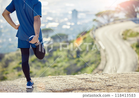 Man, legs and stretching with fitness and running outdoor, mockup space and start workout for cardio and health. Road, sun and male runner on hill, sports and warm up for run, exercise and training Man, legs and stretching with fitness and running outdoor, mockup space and start workout for cardio and health. Road, sun and male runner on hill, sports and warm up for run, exercise and training 118413583