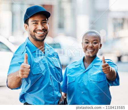 Security guard, safety officer and team thumbs up on street for protection, trust or support. Law enforcement, happy and hand sign of crime prevention man and black woman in uniform outdoor in city Security guard, safety officer and team thumbs up on street for protection, trust or support. Law enforcement, happy and hand sign of crime prevention man and black woman in uniform outdoor in city 118413585