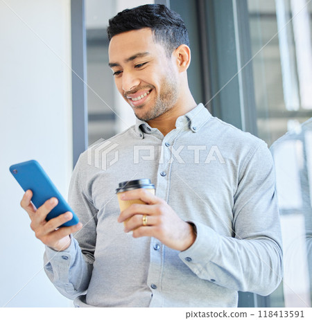 Business man with smartphone, coffee break and social media check, smile at post with communication and tech. Male professional at office, scroll internet and connectivity with hot drink and app 118413591