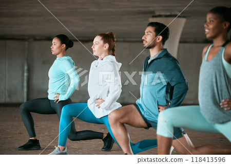 Friends, workout and people stretching as a fitness club for sports, health and wellness in an urban class together. Sport, commitment and group training or team doing pilates exercise in yoga 118413596