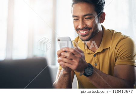Happy asian man, phone and smile for social media, communication or networking at home. Male freelancer smiling on mobile smartphone app for chatting, texting or browsing on internet or research Happy asian man, phone and smile for social media, communication or networking at home. Male freelancer smiling on mobile smartphone app for chatting, texting or browsing on internet or research 118413677