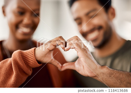 Love, heart and happy with hands of couple for solidarity, romance and support. Kindness, happiness and relationship with closeup of man and woman with emoji shape at home for care, date and marriage Love, heart and happy with hands of couple for solidarity, romance and support. Kindness, happiness and relationship with closeup of man and woman with emoji shape at home for care, date and marriage 118413686