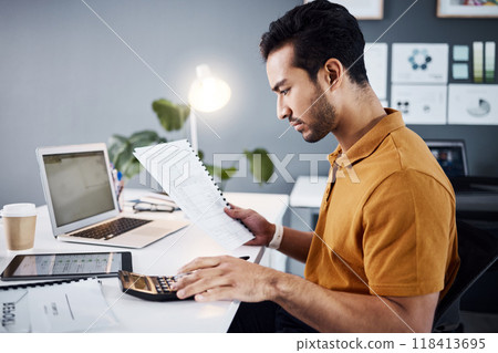 Documents, calculator and business man reading financial accounting paperwork, budget funding or finance assessment. Bookkeeping administration, calculating and male accountant review banking numbers Documents, calculator and business man reading financial accounting paperwork, budget funding or finance assessment. Bookkeeping administration, calculating and male accountant review banking numbers 118413695