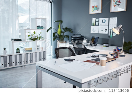 Empty office, interior and workspace with furniture, table and professional layout in startup agency. Background of modern workplace, business building and room in company, job venue or minimal setup Empty office, interior and workspace with furniture, table and professional layout in startup agency. Background of modern workplace, business building and room in company, job venue or minimal setup 118413696