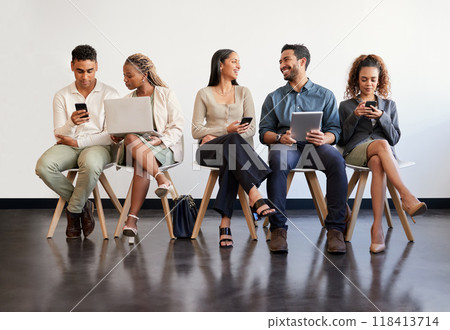 Technology, hiring and recruitment with business people sitting in line waiting for a human resources meeting. Interview, online and talking with a happy candidate group in a row for a job vacancy 118413714
