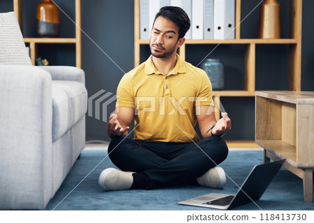 Meditation, laptop and a yoga man with an online video for mental health, wellness or zen in his home. Fitness, internet and virtual class with a male yogi in the living room to meditate for peace Meditation, laptop and a yoga man with an online video for mental health, wellness or zen in his home. Fitness, internet and virtual class with a male yogi in the living room to meditate for peace 118413730